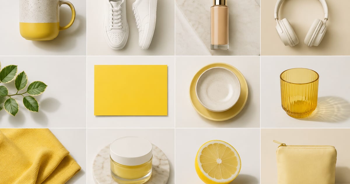 Flat lay grid of polished e-commerce product photos on a bright studio surface
