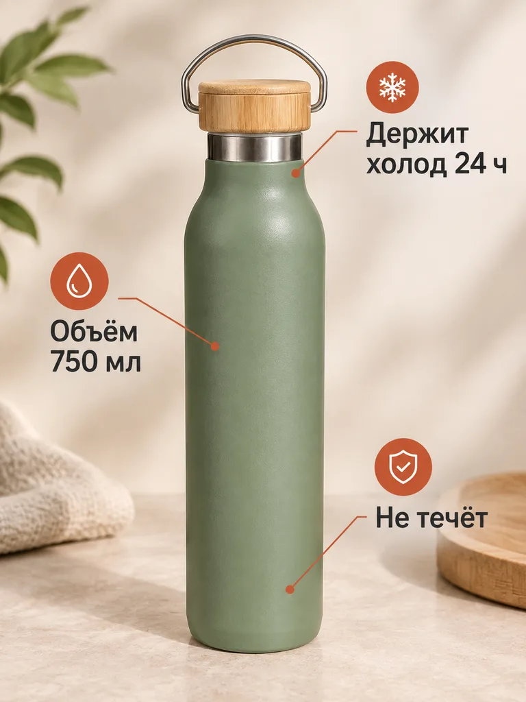 Инфографика термобутылки: держит холод 24 часа, объём 750 мл, не течёт
