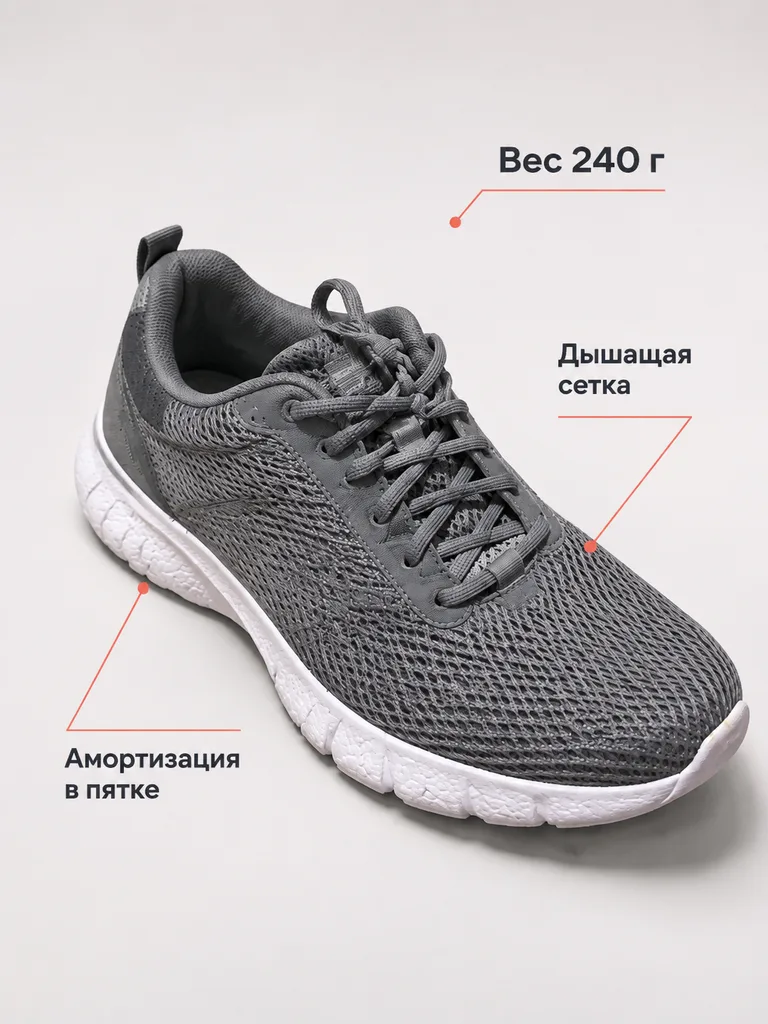 Инфографика кроссовок: вес 240 г, дышащая сетка, амортизация в пятке