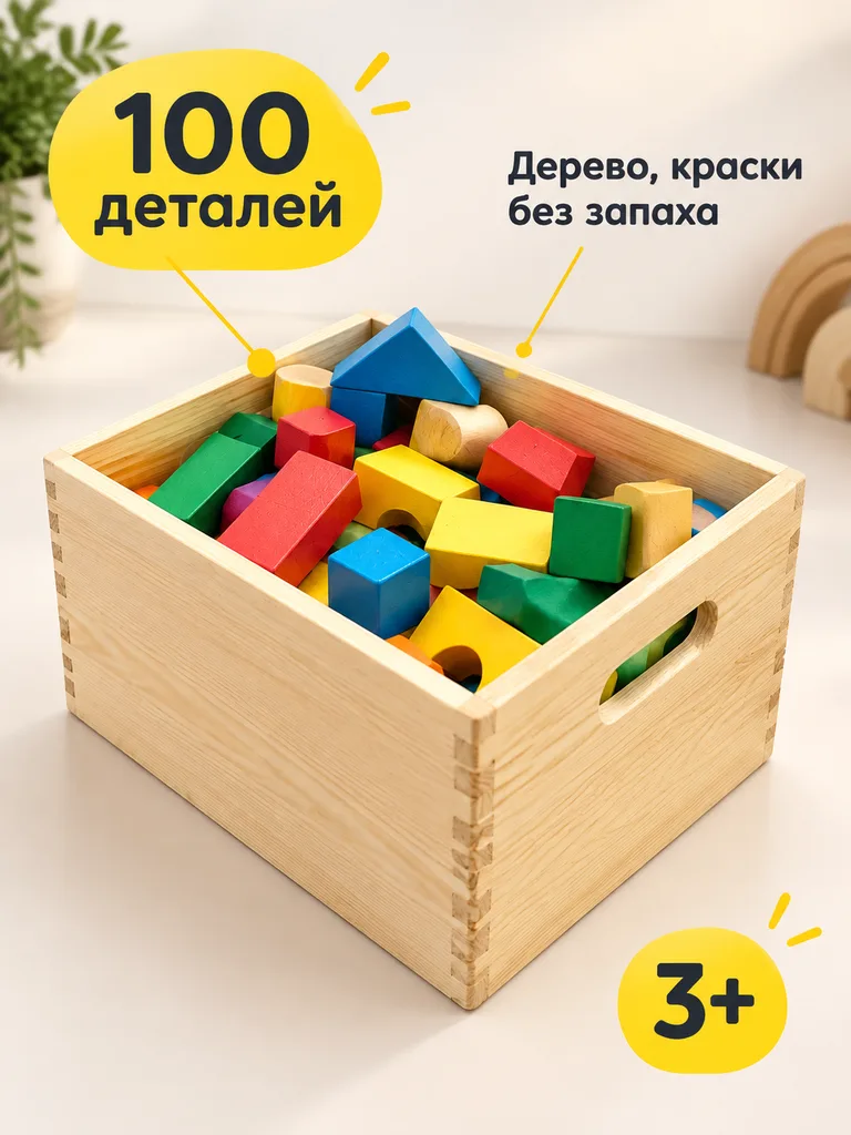 Инфографика деревянного конструктора: 100 деталей, дерево, возраст 3+