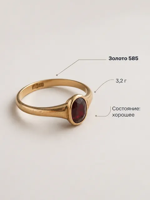 Карточка состояния кольца с подписями: золото 585, 3,2 г, состояние хорошее